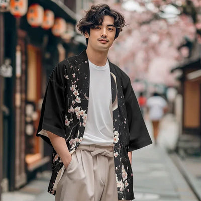 A japanese man in Kyoto street is dressed with a Kimono moon design showcasing a minimalist crescent motif an sakura pattern printed, inspired by Japanese symbolism and traditional japanese outfit