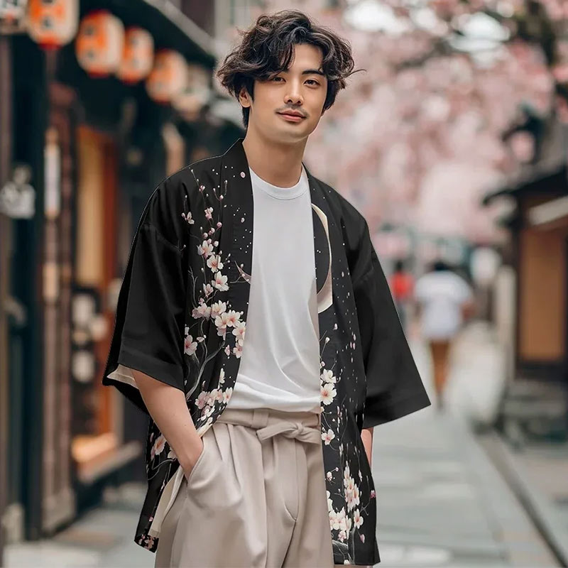 A japanese man in Kyoto street is dressed with a Kimono moon design showcasing a minimalist crescent motif an sakura pattern printed, inspired by Japanese symbolism and traditional japanese outfit