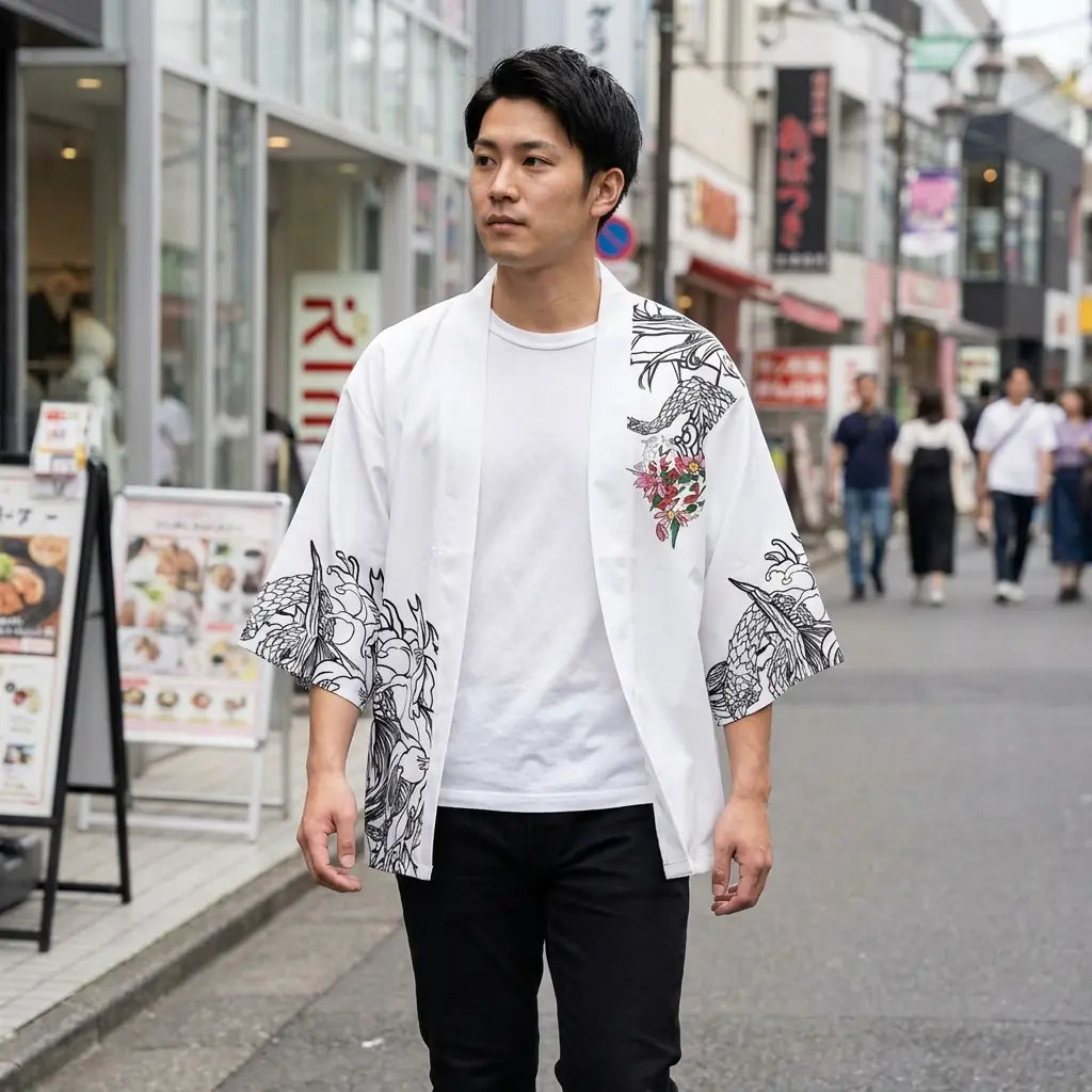 Man wearing a kimono oni in a Harajuku street in Tokyo, front view