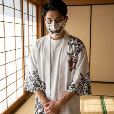 Man wearing a kimono oni in a Japanese washitsu room with shoji screens, waist-up front view