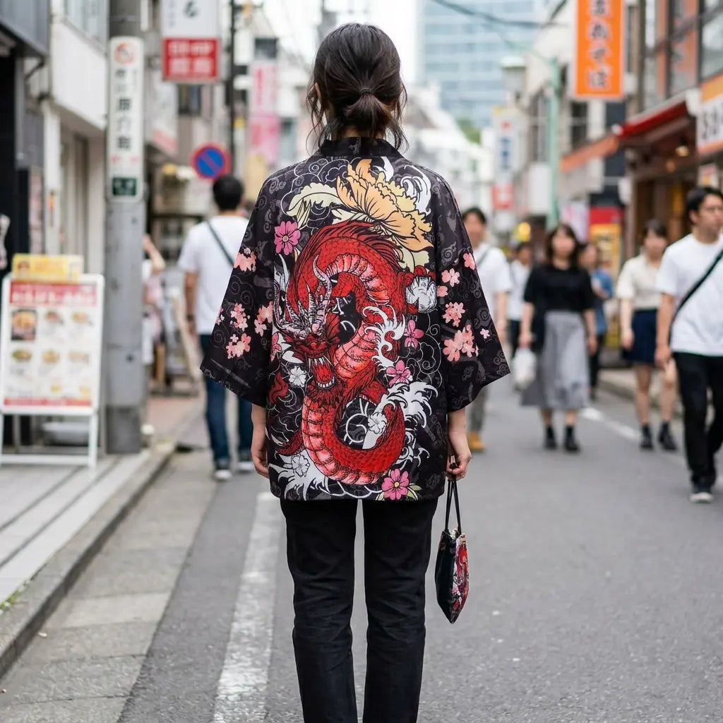 Woman seen from behind wearing a dragon kimono in a Harajuku street