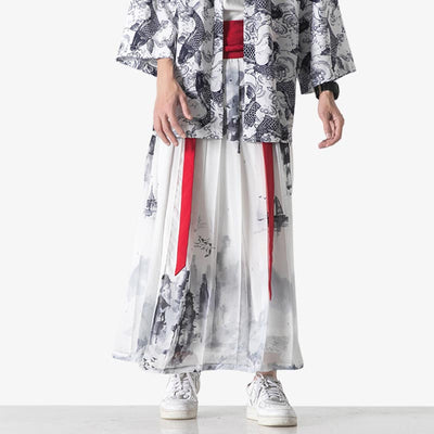 The kimono skirt is white with a Ukiyo-e motif printed on the fabric.