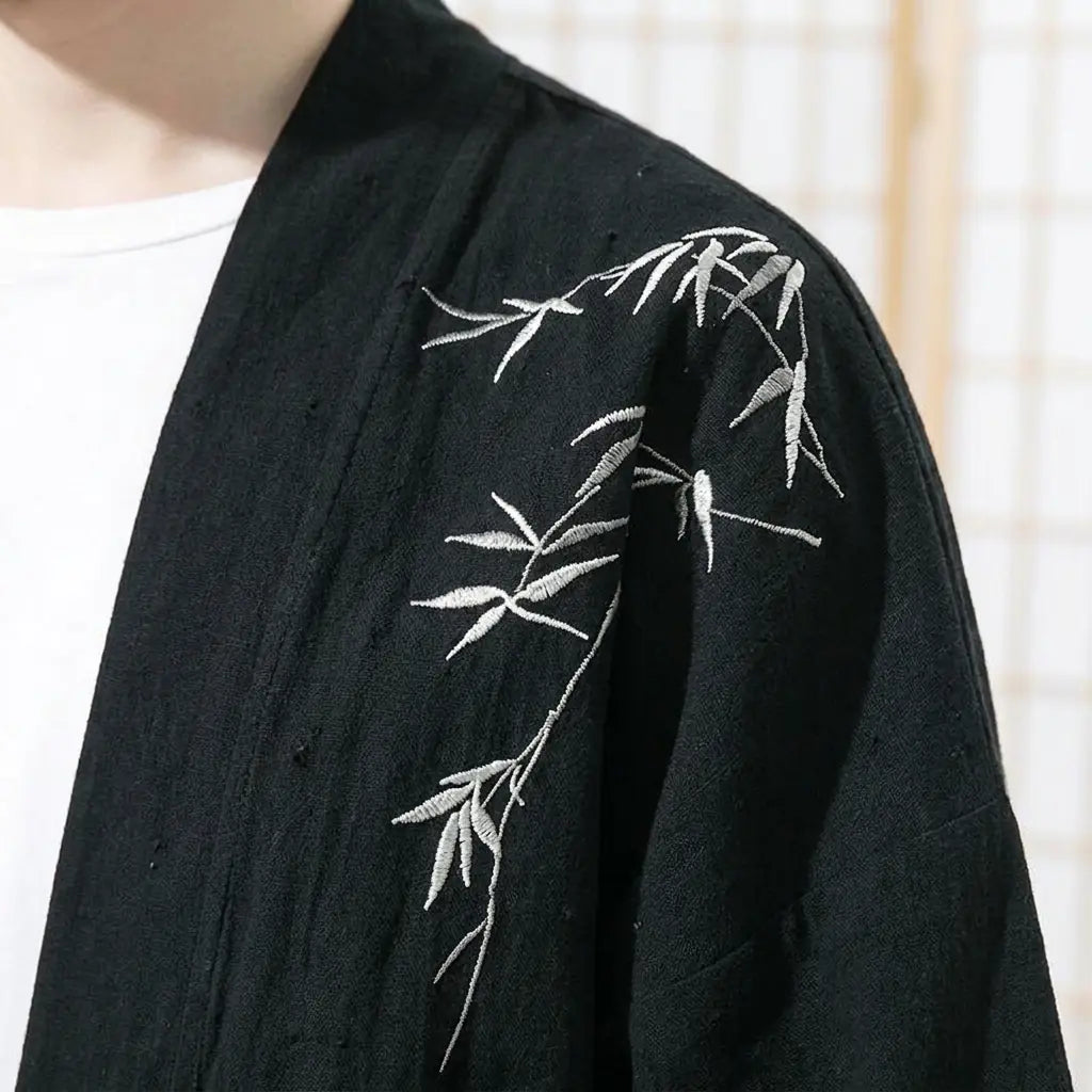 Close-up of the printed fabric and sleeve of a haori kimono