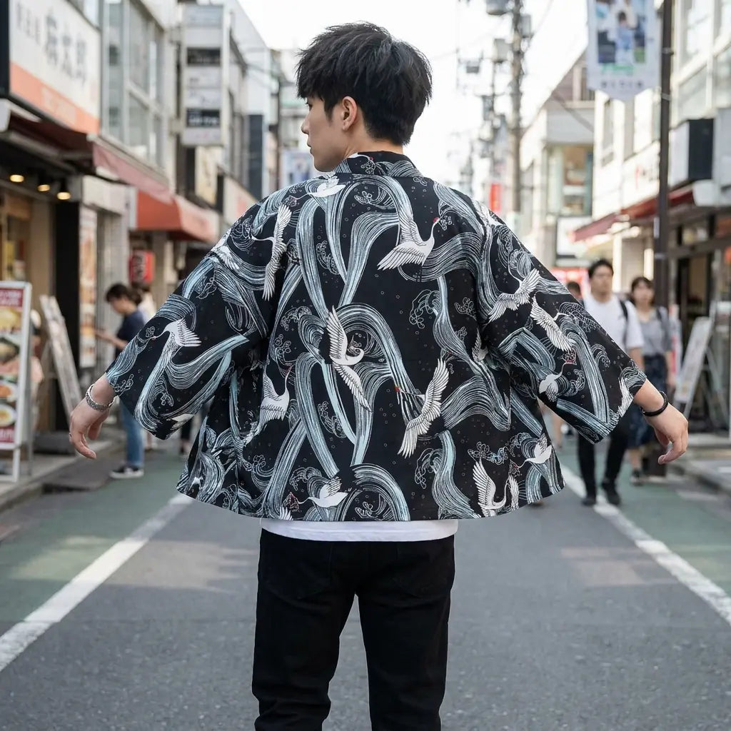 Back view of a kimono style mens jacket worn in a Harajuku street, showing the full print