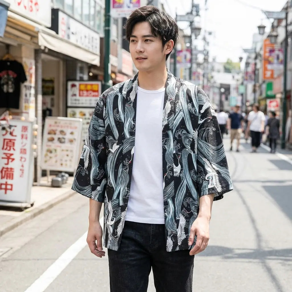 Man wearing a kimono style mens jacket in a Harajuku street in Tokyo, front view