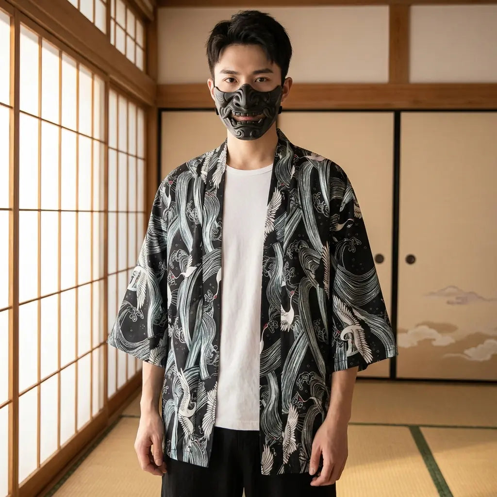 Man wearing a kimono style mens jacket in a Japanese washitsu room with shoji screens, waist-up front view