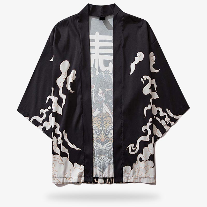 The kimono tiger print offers a unique and fashionable look, combining the beauty of traditional kimono with vibrant tiger patterns... The japanese kimono jacket is black