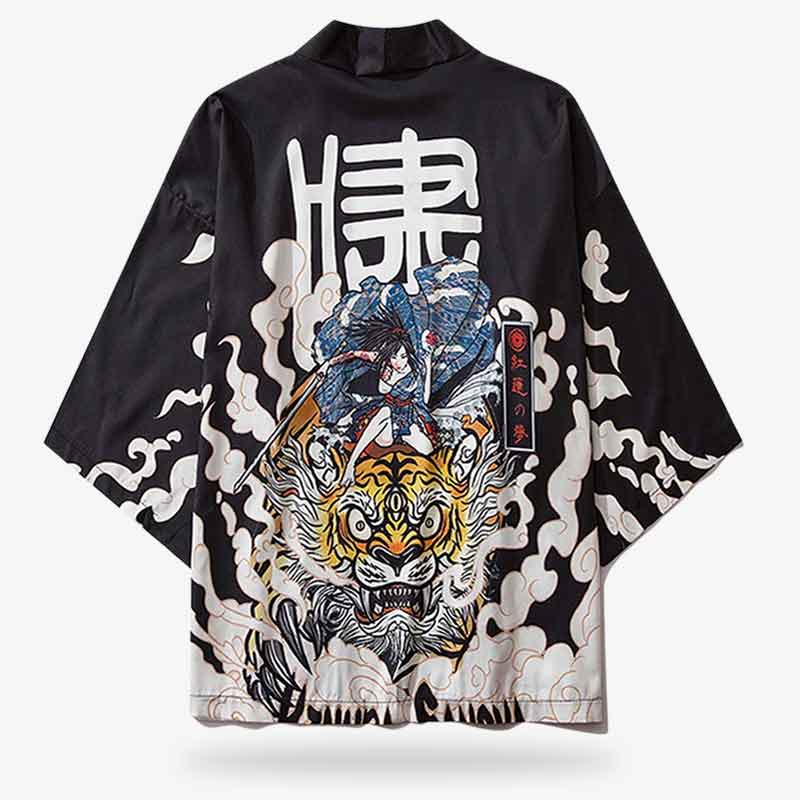 Embrace the fierce elegance of the kimono tiger, showcasing intricate tiger motifs that symbolize strength and courage. The japanese pattern printed on the black haori is also a samurai girl, a kanji and the tiger with 3 eyes