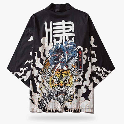 Embrace the fierce elegance of the kimono tiger, showcasing intricate tiger motifs that symbolize strength and courage. The japanese pattern printed on the black haori is also a samurai girl, a kanji and the tiger with 3 eyes