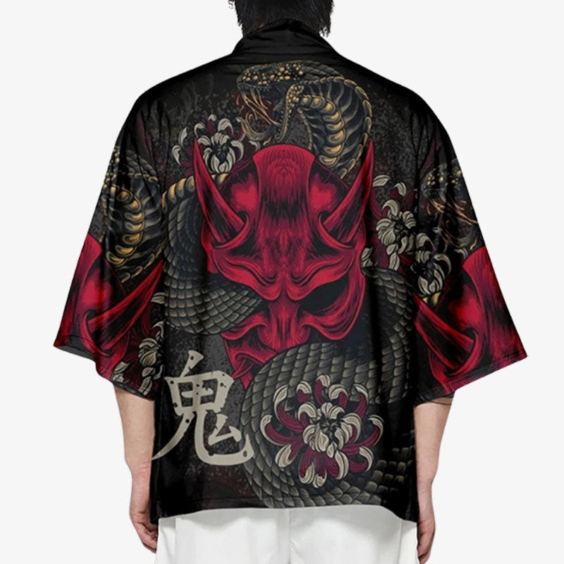 This man is dressed with a Kimono yokai inspired by traditional Japanese oni spirits, featuring mysterious and artistic designs with kanji and death japanese flower