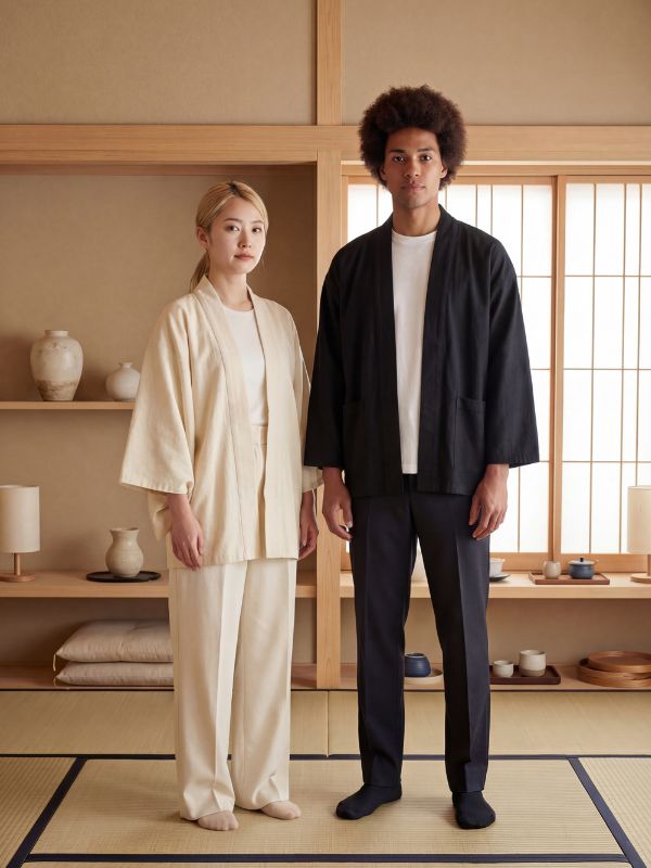 Two people wearing traditional Japanese robes in a room with wooden shelves and sliding doors. They are kimurakami founders