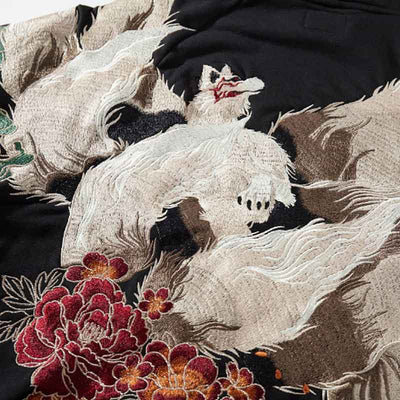 Kitsune clothing with intricate fox motifs embroidered on black cotton material , crafted from premium fabric for a unique and fashionable Japanese style