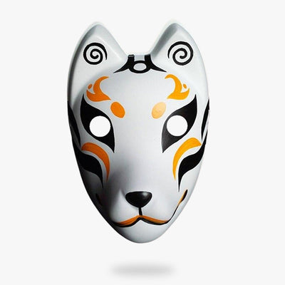The kitsune fox mask is hand painted with whitem black and yellow color. This full japanese kitsune mask is a cosplay accessory