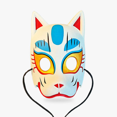 The kitsune half mask is hand painted with gold, blue, red and white color. This japanese fox mask represents the Kami god, the Inari goddess messenger