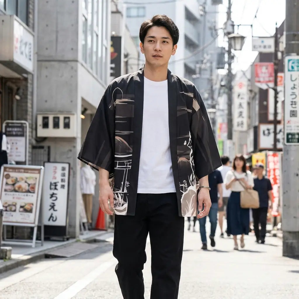 Man wearing a kitsune haori in a Harajuku street in Tokyo, front view