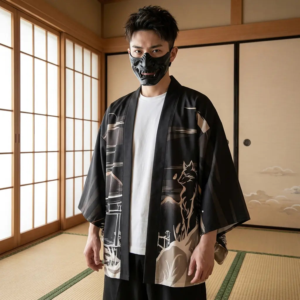 Man wearing a kitsune haori in a Japanese washitsu room with shoji screens, waist-up front view