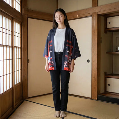 A kitsune kimono in dark navy, printed with red torii gates and white foxes, worn on tatami.