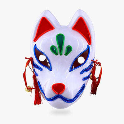 The Kitsune Led Mask is white and blue. Its' a japanese fox mask for manga and anime fans