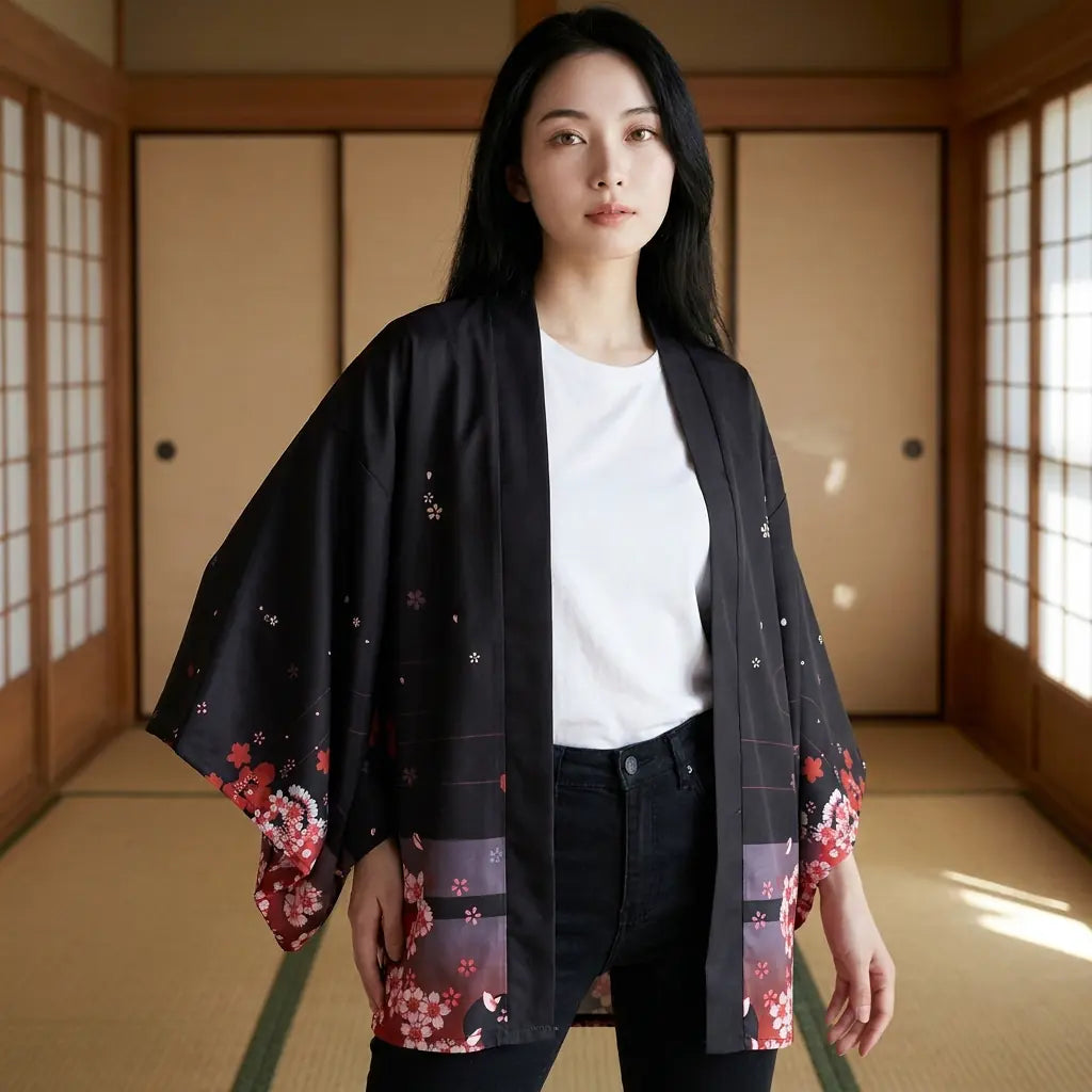 The kitsune shrine kimono women wear open, seen from the front in a tatami room.