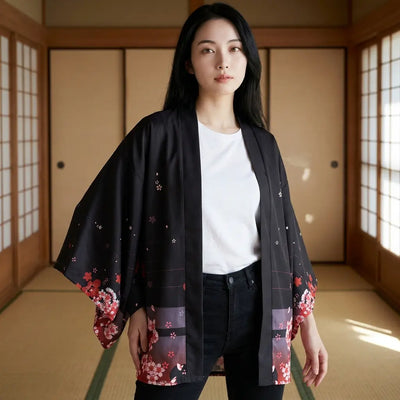 The kitsune shrine kimono women wear open, seen from the front in a tatami room.