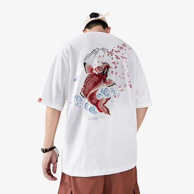 Person wearing a white Japanese Koi shirt with a red koi fish design on the back.
