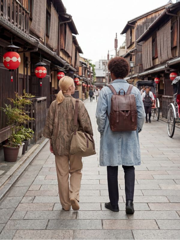 Two people walking down a street lined with traditional wooden buildings and red lanterns. They are founders of famous kyoto fashion store