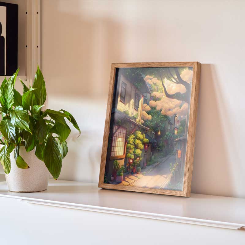 This Kyoto print is in a wooden frame on a shelf for a Japanese decoration.