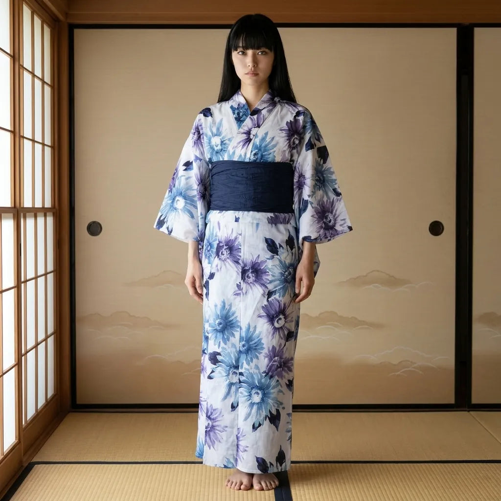 Lavender kimono dress with sumire floral pattern and obi-style waist tie