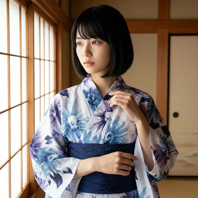Back view of the lavender wrap kimono dress showing long sleeves and flowing hem