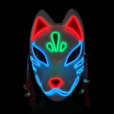 The led kitsune mask is made with blue neon lights. Its a white Japanese fox mask for cosplay and home decoration