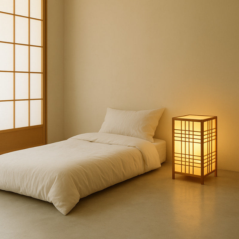 Minimalist bedroom with a bed and a floor light japanese​ lamp casting a warm glow. The Japanese floor lamp is made with shoji panel rice paper