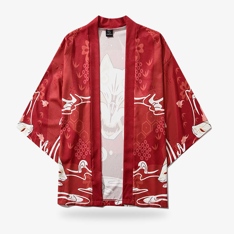 The long kimono jacket pattern is adorned with a striking Kitsune mask print, combining elegance and cultural significance in a modern design