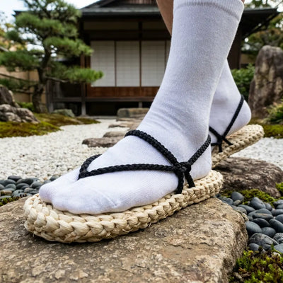 Close-up overhead view of woven Luffy Sandals with cord ties