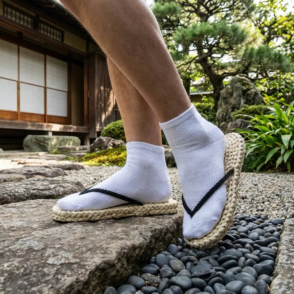 Luffy Sandals worn with white tabi socks in Japanese garden setting