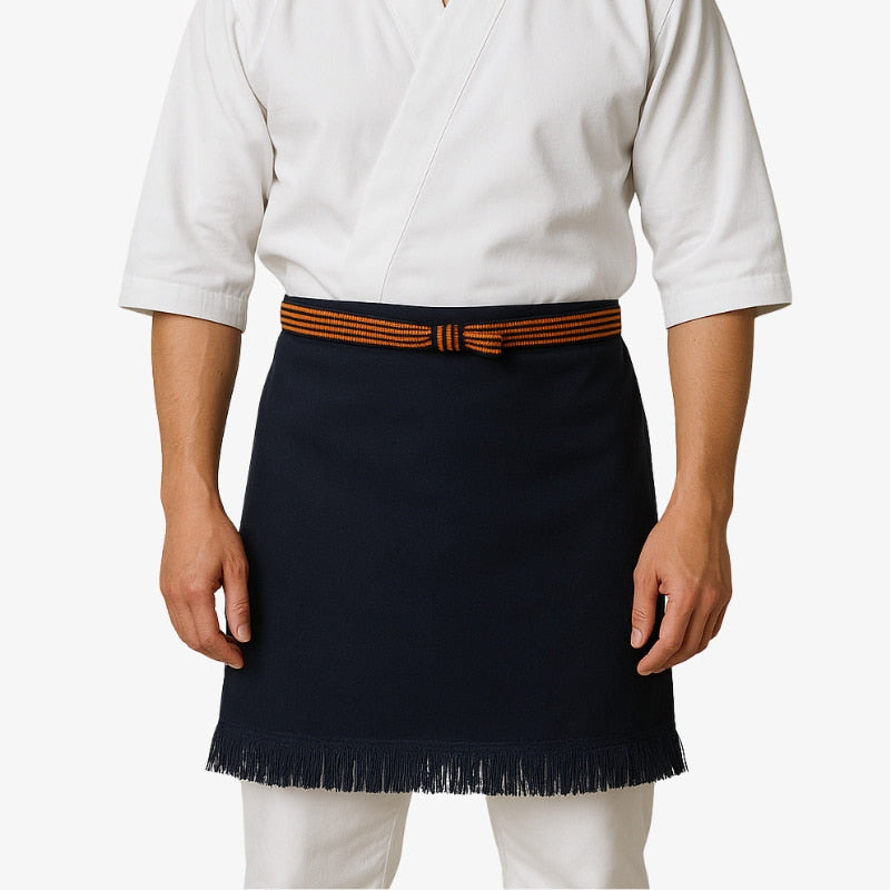 Maekake apron washoku style crafted from thick navy cotton with white kanji, perfect for preparing and serving traditional Japanese dishes.