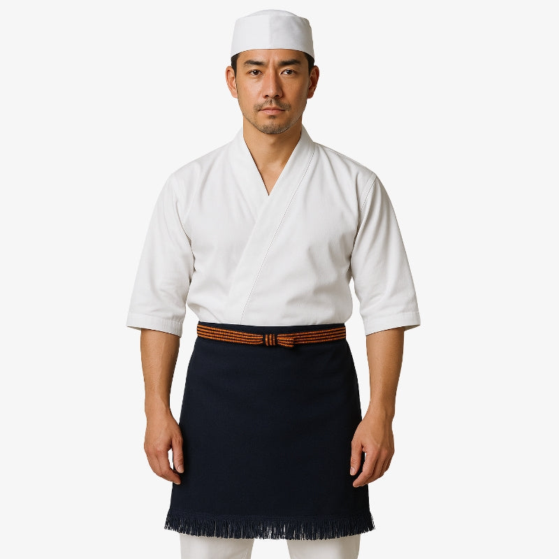 Maekake apron in navy cotton, high quality for washoku cuisine meals