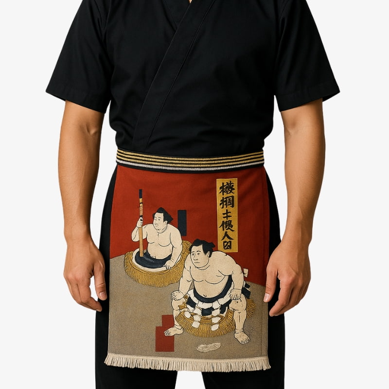 Maekake Japan apron crafted with durable navy cotton and sumo ukiyo-e sumo design for those practicing Japanese culinary arts.