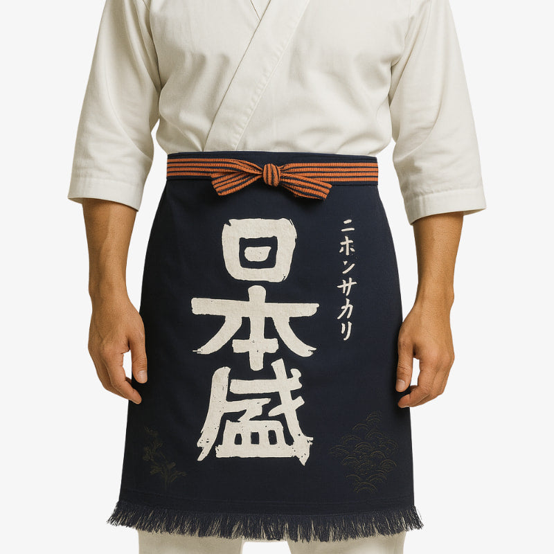 Maekake Japanese apron for men, crafted from durable cotton with traditional kanji design, ideal for kitchen use and culinary arts.