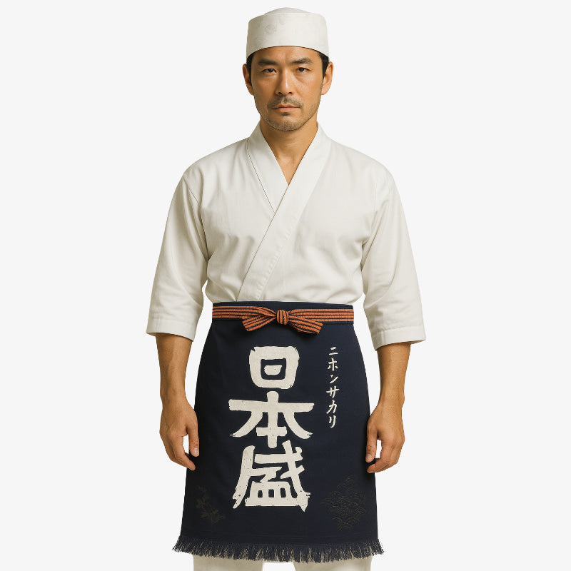 Traditional Japanese Maekake apron made of thick cotton, featuring a bold kanji print, perfect for authentic Japanese Washoku cooking.