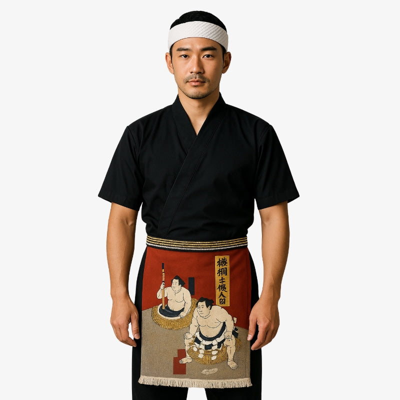 Maekake sushi apron featuring quality sumo design in thick cotton; a traditional accessory for Japanese kitchen professionals.
