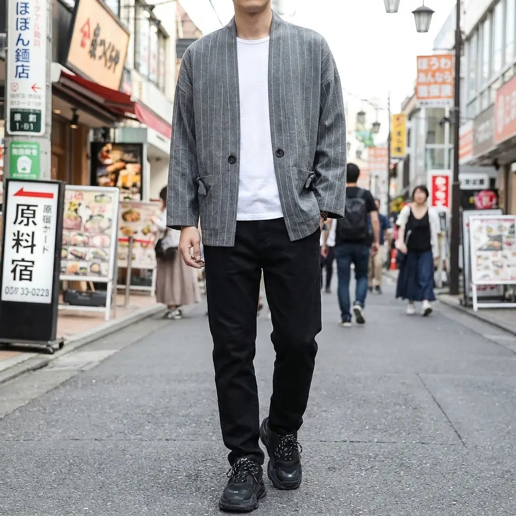 Man wearing a male haori jacket in a Harajuku street in Tokyo, front view