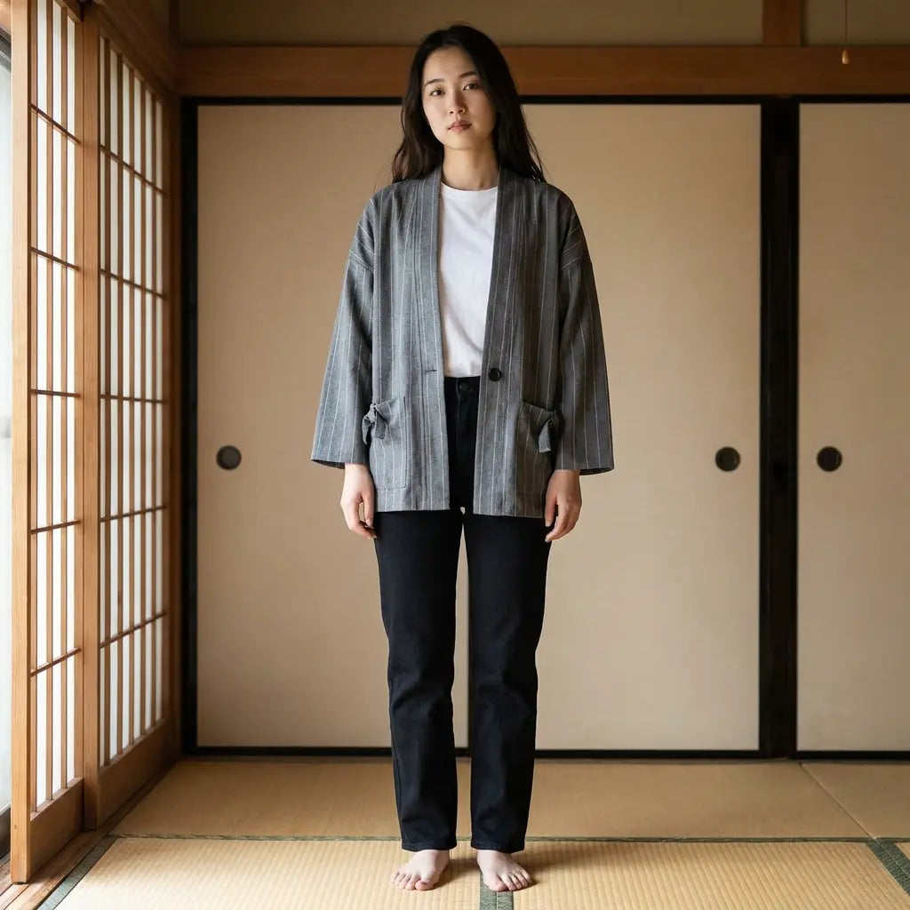 Woman wearing a male haori jacket in a washitsu room with tatami and shoji screens
