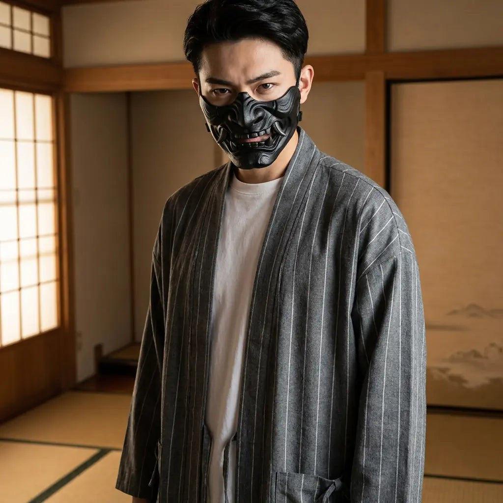 Man wearing a male haori jacket in a Japanese washitsu room with shoji screens, waist-up front view