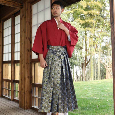 For a samurai outfit, dress in a male kimono traditional Japanese outfit. Wear it with hakama trousers.