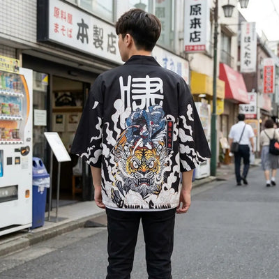 Back view of a manga kimono worn in a Harajuku street, showing the full print
