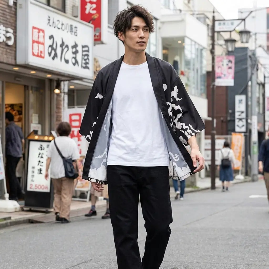 Man wearing a manga kimono in a Harajuku street in Tokyo, front view
