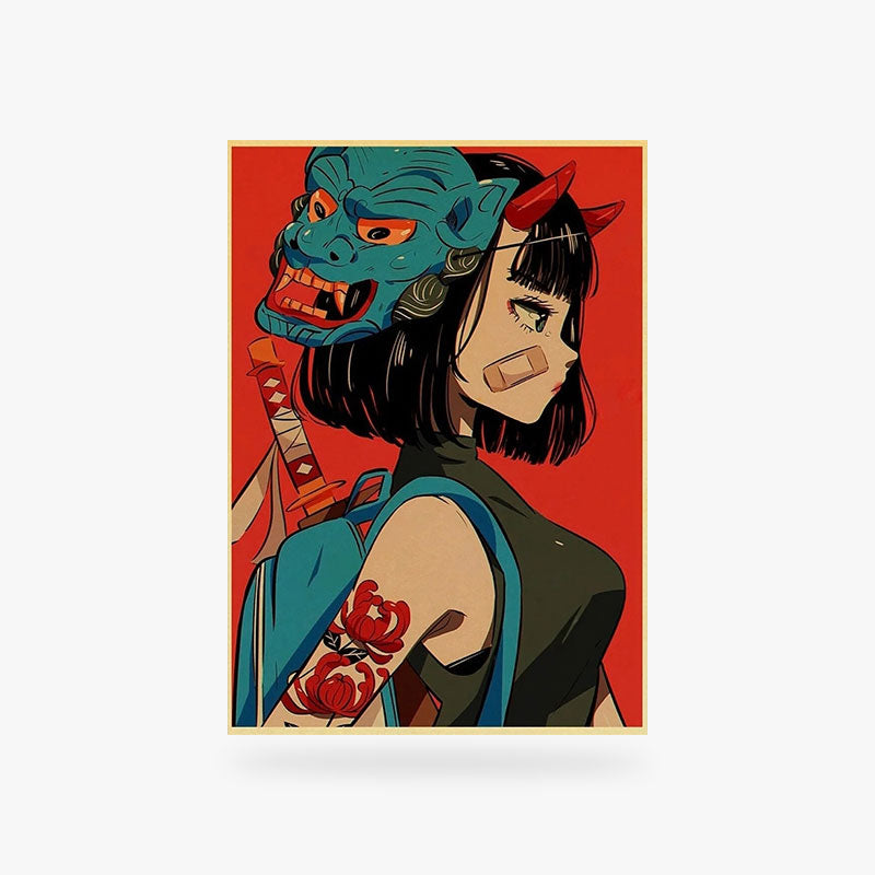 This Japanese manga poster is made of canva paper. A Japanese woman is drawn wearing an oni mask and a katana on her back.