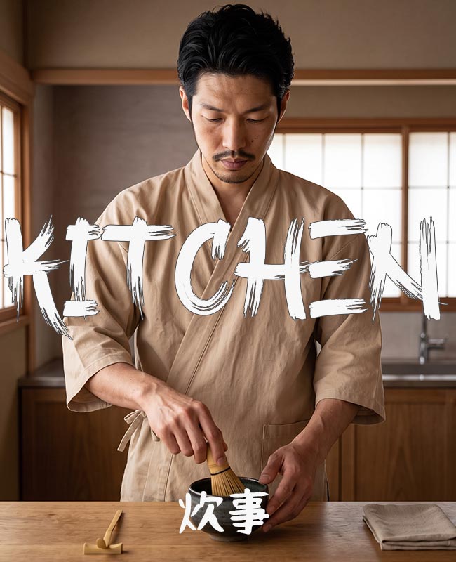 A man whisking matcha green tea with a bamboo chasen in a black chawan bowl on a wooden counter in a Japanese kitchen