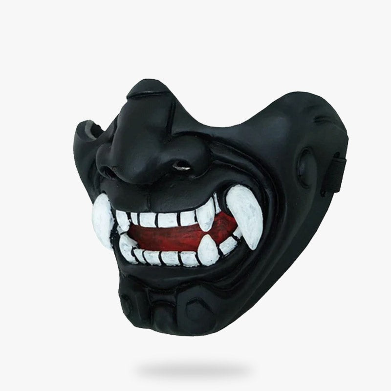 The mempo face mask is black colored with white teeths and fangs. It's a samurai half mask