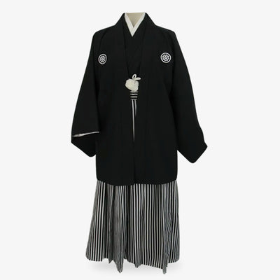 Men black Japanese kimono set including a haori jacket and striped hakama pants, crafted from Habutae and Sendaihira fabrics with family crest details.